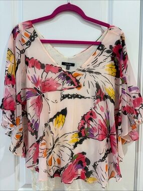 Rafaella Pink Floral Butterfly V-Neck Flutter Sleeve Blouse